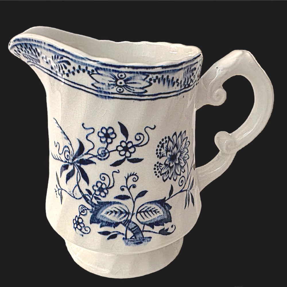Antique Old Vienna Ironstone Wood & Sons Creamer Onion Pattern Blue & White